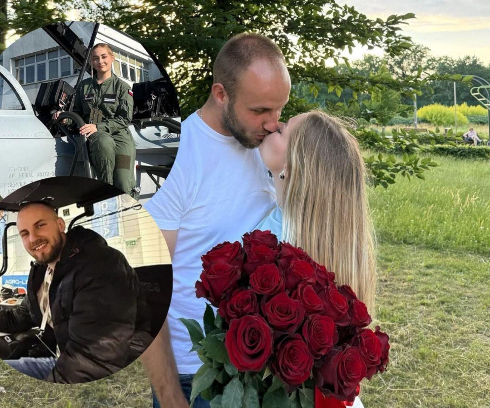 Całująca się para z bukietem róż. Na miniaturkach Julia w mundurze i Arek w maszynie. O ich związku czytaj w Super Expressie.