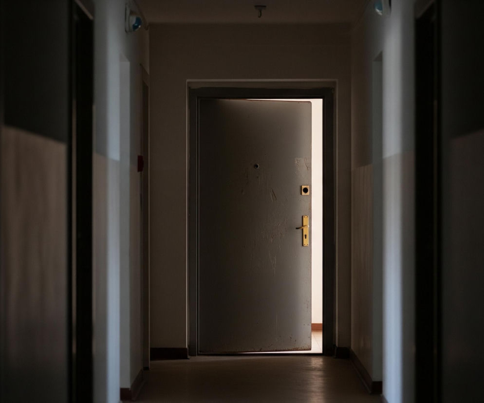 Długi, ciemny korytarz z otwartymi drzwiami w oddali. Ściany korytarza są jasne u góry, z ciemniejszymi pasami w dolnej części, a podłoga ma brązowy odcień. Światło wydobywa się zza otwartych drzwi, oświetlając fragment wewnętrznej przestrzeni, prawdopodobnie wyłożonej jasnymi płytkami. Na drzwiach widoczne są ślady zużycia i złota klamka z zamkiem.