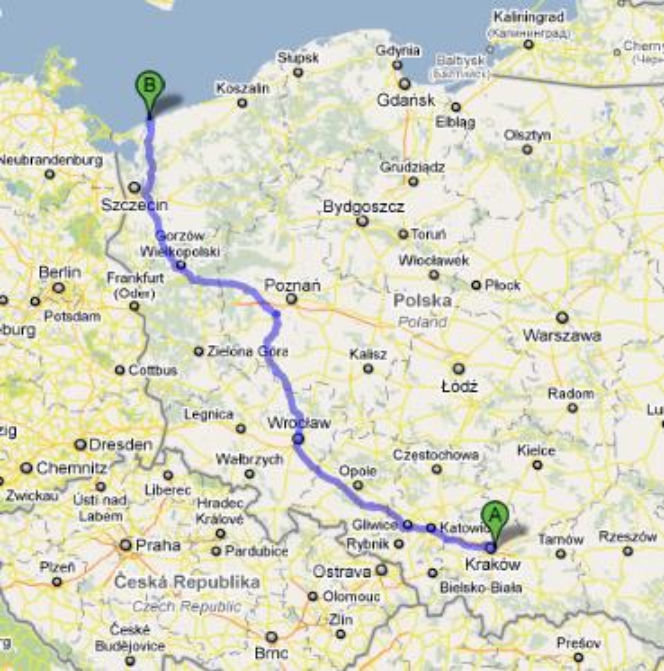 Trasa E40, 5/E261 i E65 Kraków-Dziwnów - mapka
