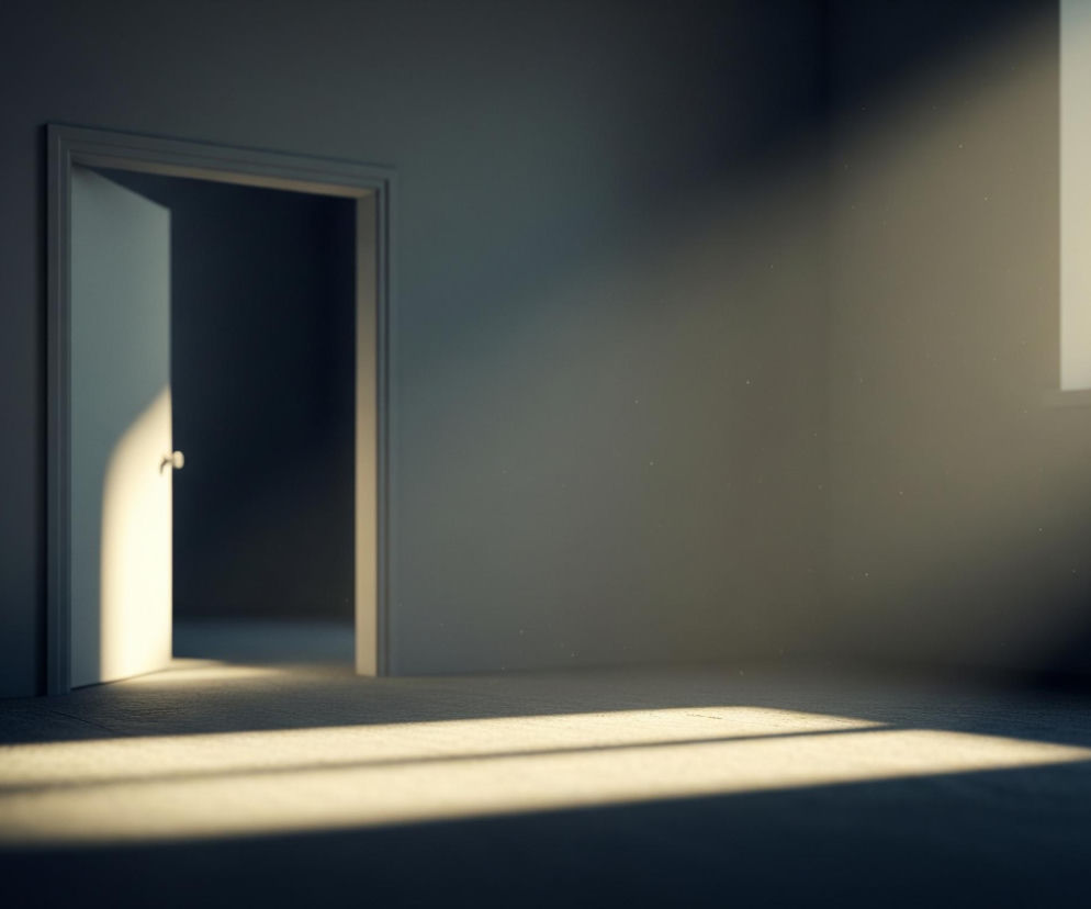 Wnętrze pokoju o szarych ścianach, w którym centralnie umieszczone są lekko uchylone, białe drzwi z metalową klamką, częściowo oświetlone jasnym światłem wpadającym z zewnątrz. Po prawej stronie, w głębi, znajduje się duże, prostokątne okno, przez które wpada intensywne, żółte światło, tworząc na podłodze wyraźne, długie smugi. W powietrzu, szczególnie w promieniach światła, widoczne są drobne cząsteczki pyłu, nadające scenie eteryczny charakter. Całe pomieszczenie skąpane jest w cieniach, kontrastujących z jasnymi smugami światła na podłodze i fragmentach ścian.