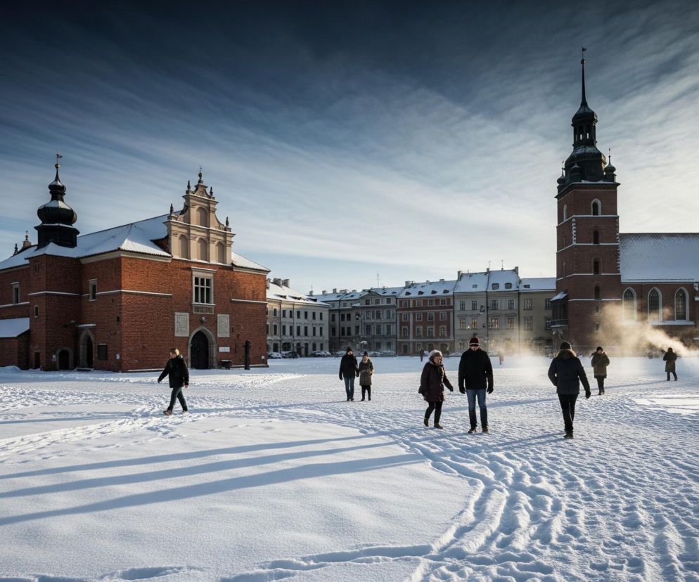 Duży, prostokątny plac pokryty białym śniegiem, z licznymi śladami kroków i długimi, błękitnymi cieniami, dominuje na pierwszym planie. Na placu, od lewej strony, stoi ceglany budynek z ozdobnymi szczytami i kopulastą wieżą z czarnym dachem, również pokryty śniegiem. Po prawej stronie wznosi się wysoka, ceglana wieża kościoła z ostrym, spiczastym dachem, z którego unosi się dym lub para. W tle widać szereg kamienic z czerwonymi i szarymi dachami, również pokrytymi śniegiem, oraz słabo widoczne sylwetki ludzi i zaparkowane samochody. Dziewięć osób ubranych w zimowe płaszcze, kurtki, czapki i szaliki, w tym pięć w centrum, idzie przez zaśnieżony plac, a dwie z nich wydają się być oświetlone przez nisko położone słońce, które rozświetla prawą stronę horyzontu jasnym, białym światłem. Nad miastem rozciąga się niebo, które przechodzi od ciemnego granatu w lewym górnym rogu do jasnego błękitu i bieli w prawym górnym rogu, z wyraźnymi, poziomymi smugami chmur.