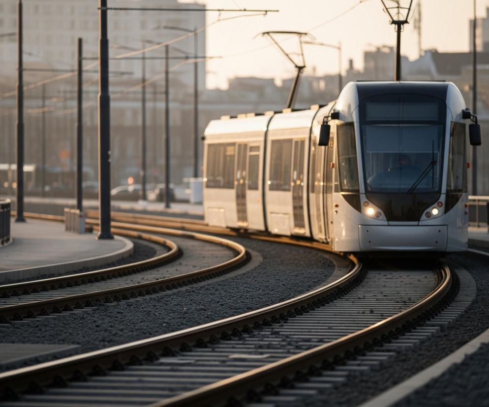 Nowoczesny tramwaj w kolorach białym i czarnym znajduje się na pierwszym planie, skręcając w prawo po szynach. Jego przednie światła są zapalone. W tle widać liczne słupy trakcji tramwajowej oraz zarysy budynków miejskich pod bladym, jasnym niebem, sugerującym poranek lub zmierzch. Tory wyłożone są szarym żwirem, a po lewej stronie znajduje się fragment betonowego peronu lub chodnika.
