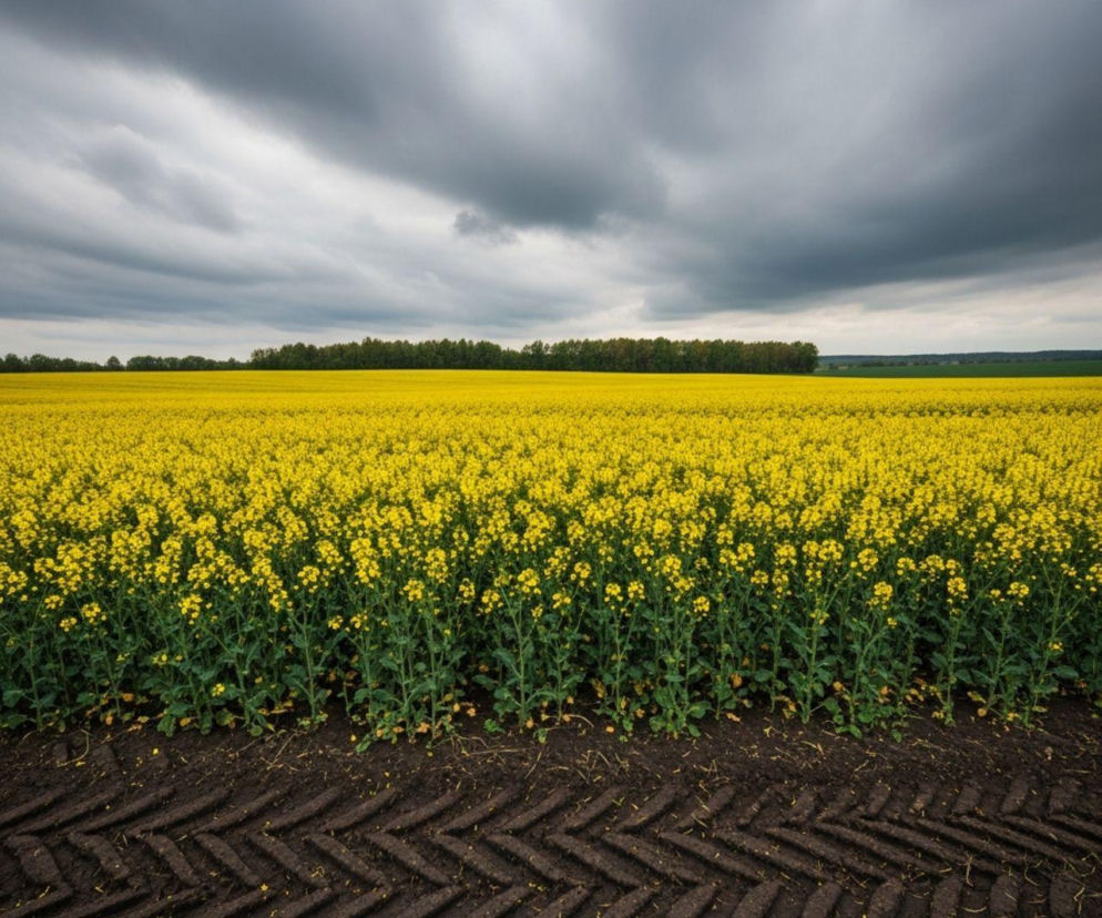 Szerokie pole kwitnącego rzepaku z widocznymi śladami opon ciągnika na pierwszym planie, symbolizujące wyzwania rolników z rekordowymi plonami i stratami finansowymi w 2025 roku, o czym więcej przeczytasz na portalu Super Biznes.