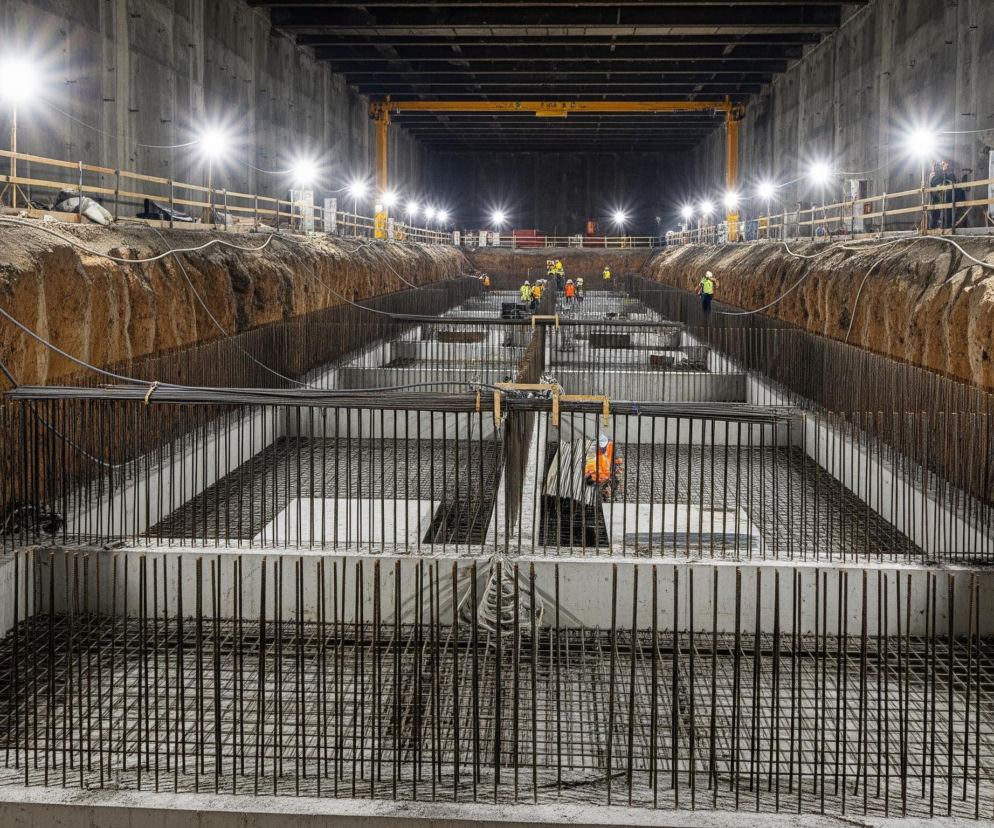 Duża, prostokątna przestrzeń budowy, prawdopodobnie tunel lub podziemia, oświetlona rzędem jasnych reflektorów umieszczonych na betonowych ścianach bocznych i wzdłuż krawędzi wykopu. Pośrodku znajduje się głęboki, szeroki wykop z pionowymi palami zbrojeniowymi wystającymi z betonowych fundamentów, tworząc gęsty, regularny wzór kraty. Dookoła górnej krawędzi wykopu biegną dwie równoległe drewniane bariery, oddzielając warstwę ziemi od ścian, a na tym poziomie widoczni są pojedynczy pracownicy w jaskrawożółtych lub pomarańczowych kamizelkach i kaskach. W tle widoczny jest żółty dźwig suwnicowy, a cały obszar jest spowity półmrokiem poza mocno oświetlonymi punktami.