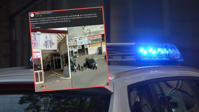 Rozpędzone BMW wjechało prosto w pasaż handlowy. Wypadek we Wrocławiu 