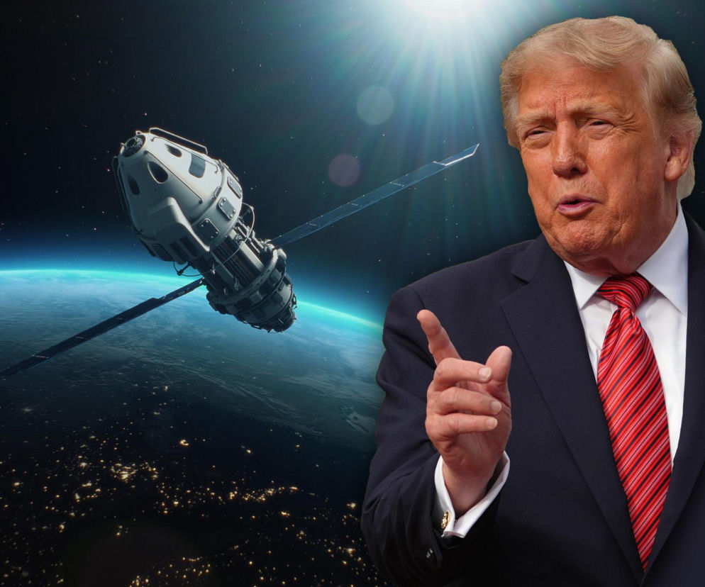 Donald Trump na tle satelity nad Ziemią. O broni USA w kosmosie przeczytasz na SE.