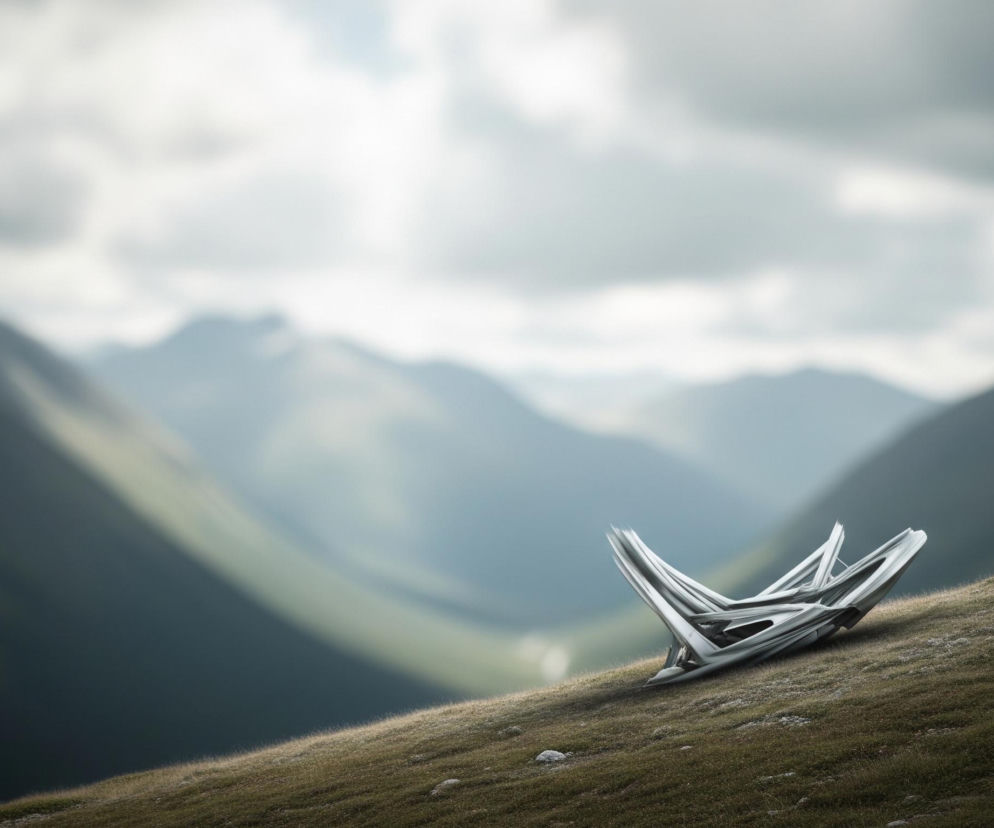 Na pierwszym planie, w dolnej części kadru, znajduje się pochyłe, trawiaste zbocze o nierównym, zielono-brązowym podłożu. Na tym zboczu leży abstrakcyjny, biało-srebrny obiekt o futurystycznym kształcie, składający się z kilku połączonych, smukłych elementów przypominających skrzydła lub rogi. Obiekt jest zwrócony w prawo i lekko w dół, z częściowo widocznym cieniem pod nim. Tło to rozległy krajobraz górski z licznymi szczytami i dolinami, zabarwiony na różne odcienie szarości, błękitu i zieleni, co wskazuje na dużą odległość. Niebo, zajmujące górną część obrazu, jest pokryte częściowo zachmurzeniem, z widocznymi promieniami słońca przebijającymi się przez chmury i oświetlającymi niektóre partie gór.