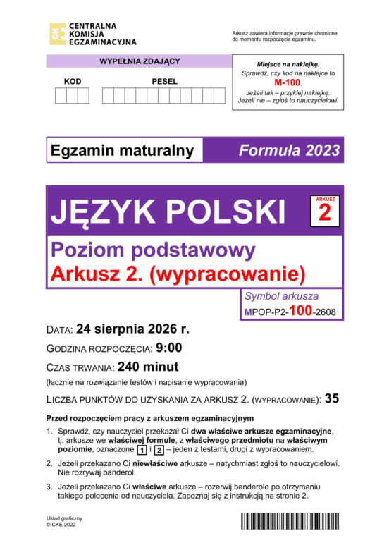 Matura poprawkowa 2026: polski - ARKUSZ CKE 24.08.2026