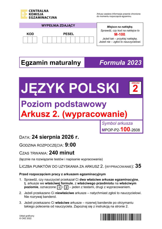 Matura poprawkowa 2026: polski - ARKUSZ CKE 24.08.2026