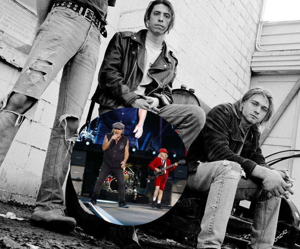 Zespół Nirvana na zdjęciu, obok na miniaturze muzycy AC/DC. O sukcesie płyty Nevermind przeczytasz na EskaRock.