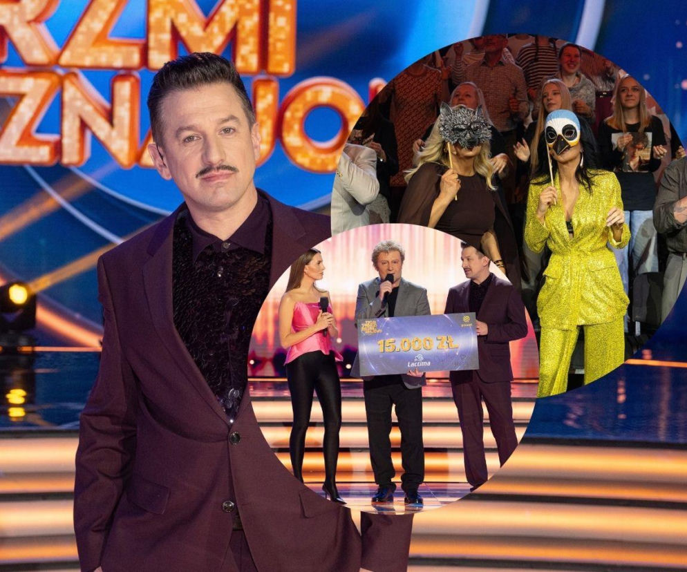 Marcin Miller w fioletowym garniturze. Na wstawkach wręczenie czeku oraz jurorzy. O zwycięzcy show przeczytasz w Eska.