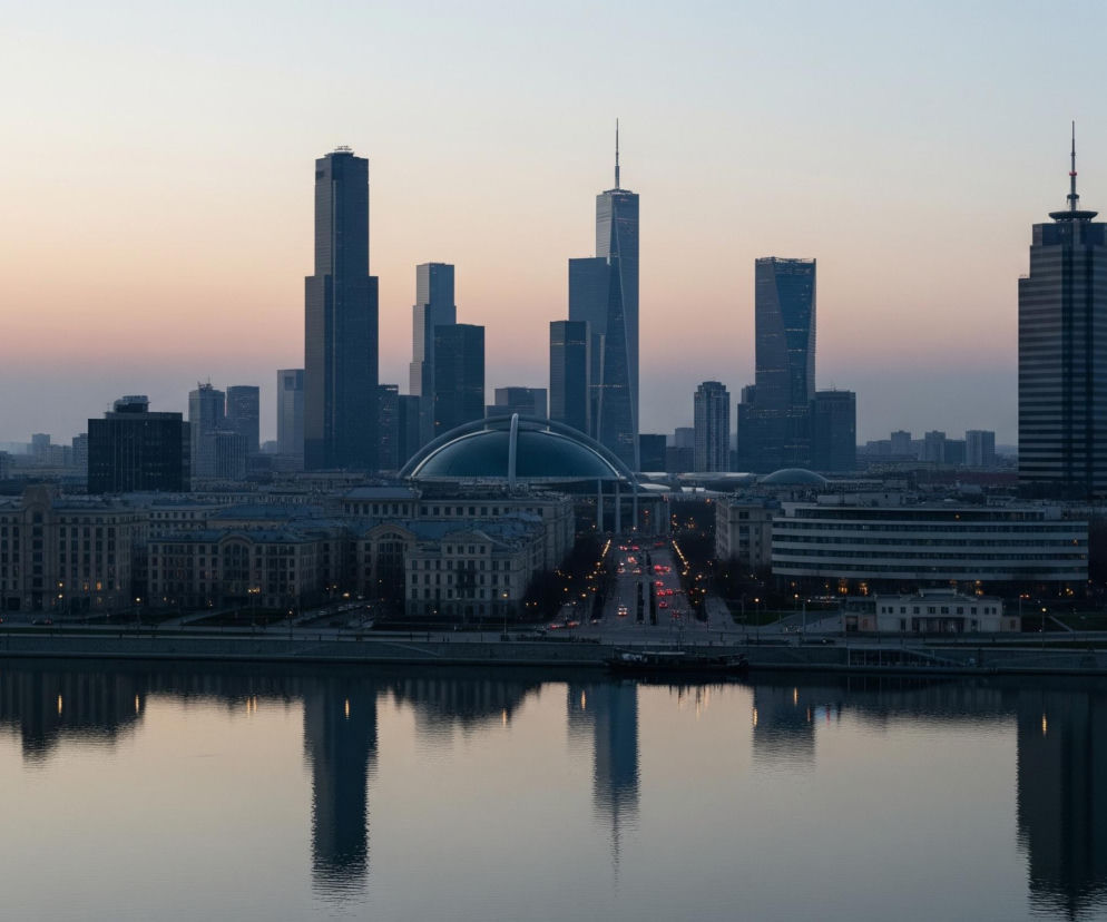 Panorama miasta o zmierzchu, z dominującymi ciemnymi wieżowcami na tle rozjaśniającego się, beżowo-niebieskiego nieba. W centrum widoczny jest długi, szeroki bulwar z rzędem latarni i czerwonymi światłami samochodów tworzącymi smugi, prowadzący w kierunku rzeki. Dolną część kadru zajmuje spokojna powierzchnia wody, w której odbijają się budynki i światła miejskie.