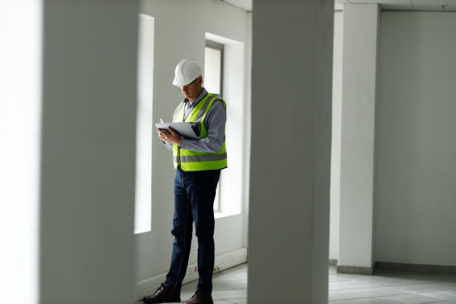 Inspektor budowlany wykonujący pomiary – Odbiór techniczny mieszkania