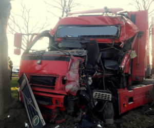 Tir roztrzaskał się na drzewie! Niebezpieczny wypadek pod Cybinką!