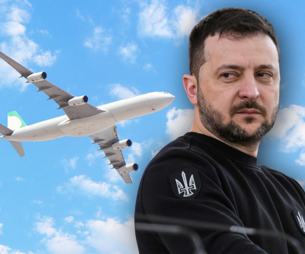 Wołodymyr Zełenski na tle nieba z samolotem pasażerskim. O zagrożeniu lotnictwa nad Rosją przeczytasz na SE.