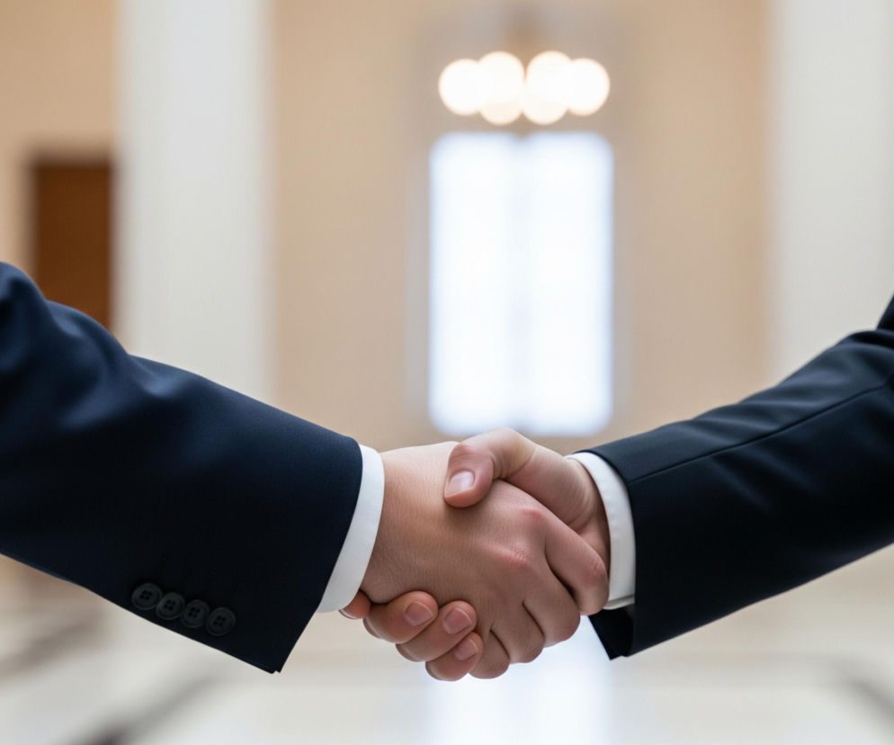 Dwie osoby w ciemnych garniturach ściskają sobie dłonie, z bliska widać ich przedramiona i splecione dłonie. Lewa ręka nosi białą koszulę i mankiet wystający spod ciemnego rękawa. Tło jest rozmyte, beżowo-brązowe, z niewyraźnymi elementami architektonicznymi, w tym jasnym prostokątem i okrągłymi formami przypominającymi oświetlenie u góry.