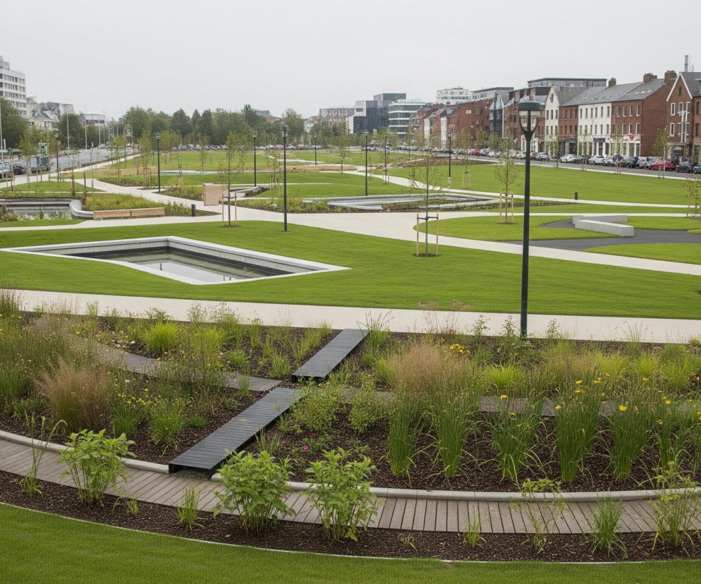 Nowoczesny, przestronny park miejski z przeważającą zielenią traw, jasnymi ścieżkami i licznymi, młodymi drzewami rozciąga się pod pochmurnym niebem. W centrum kompozycji znajdują się geometryczne klomby z niską roślinnością ozdobną, w tym długimi trawami i żółtymi kwiatami, poprzecinane drewnianymi, ciemnymi kładkami. W tle widoczne są niskie budynki mieszkalne z cegły oraz nowoczesne biurowce, a także fragmenty ulicy z zaparkowanymi samochodami.
