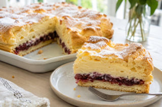 Karpatkę robię teraz ze śliwkami. Kwaskowa warstwa przełamuje słodki smak kremu