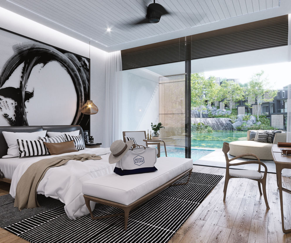 Elegancka sypialnia hotelowa Accor z dużym łóżkiem i designerską dekoracją ścienną, obok stół, krzesło i widok na basen oraz zieleń. Takie obiekty to podstawa sukcesu Accor, o którym można przeczytać na Super Biznes.