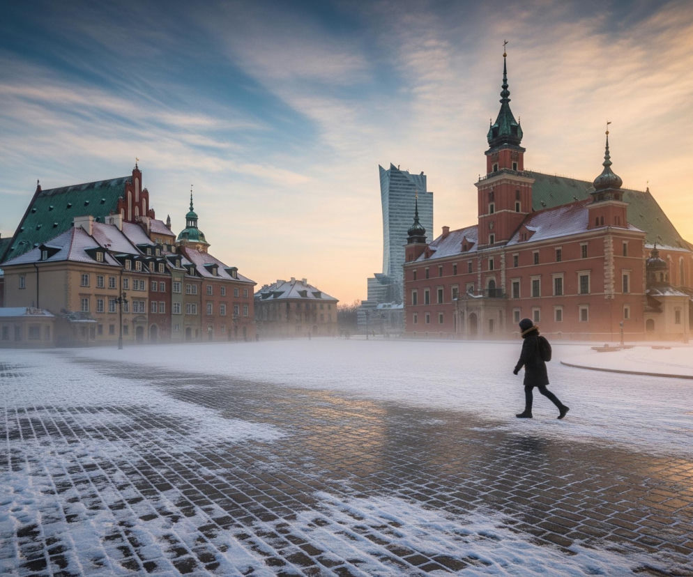Po lewej stronie centralnej części kadru idzie samotna postać w ciemnej kurtce z kapturem, z plecakiem, kierując się w prawo, przechodząc po ośnieżonym bruku, który pokrywa większość ziemi. Bruk wyłożony jest kwadratowymi kostkami, z których niektóre są przysypane śniegiem, tworząc geometryczne wzory. W tle, pod błękitno-pomarańczowym niebem z poziomymi, rozmazanymi chmurami, widać dwa historyczne budynki z czerwonej cegły i zielonymi dachami, oraz jeden nowoczesny, wysoki wieżowiec. Po prawej stronie horyzontu dominuje jasna, pomarańczowo-żółta poświata zachodzącego słońca, tworząca długie cienie i odbicia światła na mokrym bruku.