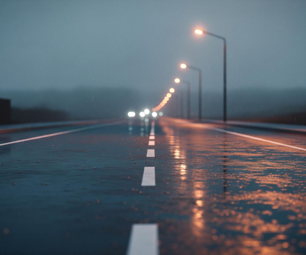 Na pierwszym planie widoczna jest mokra, ciemna nawierzchnia drogi z widocznymi, białymi, przerywanymi liniami na środku oraz ciągłymi, białymi liniami na krawędziach. Po prawej stronie drogi rozmieszczone są latarnie uliczne z pomarańczowym światłem, które odbija się w kałużach, tworząc długie, rozmazane smugi. W oddali, po lewej stronie, pojawia się rząd samochodów, których białe reflektory również odbijają się na mokrej nawierzchni. Tło stanowi zamglony, szaro-niebieski horyzont, z delikatnie zarysowanymi sylwetkami drzew i niewyraźnymi elementami infrastruktury po lewej stronie.