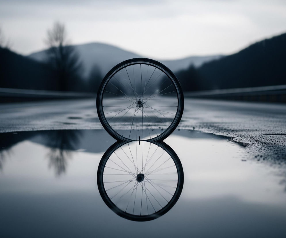 Na pierwszym planie, centralnie, stoi rowerowe koło, czarne, z widocznymi szprychami i piastą, częściowo zanurzone w kałuży na mokrej nawierzchni. Koło idealnie odbija się w lustrzanej powierzchni wody, tworząc symetryczny obraz. Tło stanowi rozmyty krajobraz z ciemnymi wzgórzami porośniętymi drzewami i jaśniejszym, zamglonym niebem. Całość utrzymana jest w chłodnej tonacji szarości i błękitu.