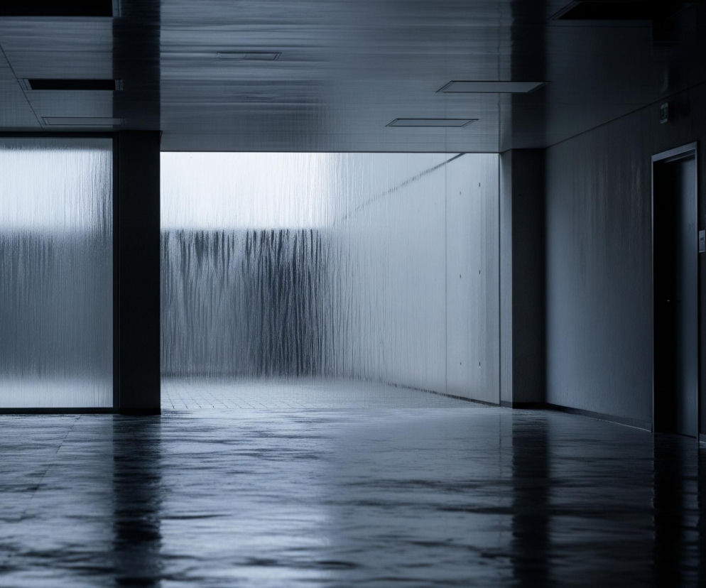 Długi, wąski korytarz wewnętrzny, z połyskującą, mokrą podłogą, odzwierciedla otoczenie. Po lewej stronie, rozciągające się od podłogi do sufitu okna z grubego, teksturowanego szkła z metalowymi ramami ukazują intensywny wodospad, który wydaje się spływać z górnej krawędzi budynku. Prawa strona korytarza jest ciemniejsza i wyłożona panelami ściennymi w odcieniu granatowym, z zamkniętymi drzwiami windy umieszczonymi w jej ścianie, co potęguje wrażenie głębi i tajemniczości w architekturze.
