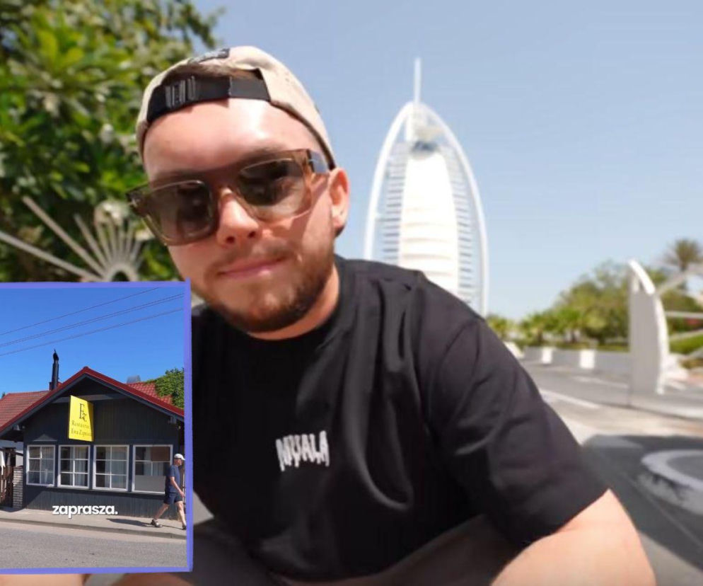 Youtuber Książulo na tle hotelu w Dubaju. Na miniaturze restauracja Ewa Zaprasza, o której przeczytasz na SE.