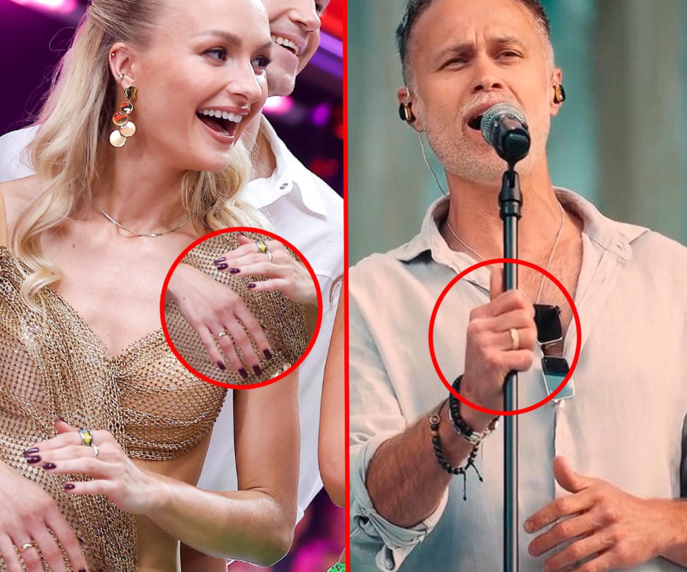 Uśmiechnięta Sara Janicka obok śpiewającego Macieja Zakościelnego. Na powiększeniach ich dłonie z obrączkami, o których pisze SE.