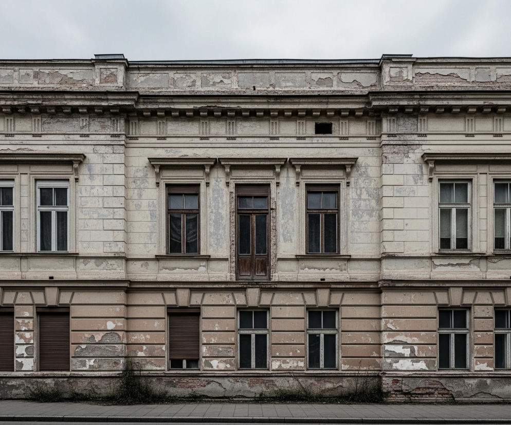 Fasada starego, zdewastowanego budynku rozciąga się wzdłuż centrum kadru, z chodnikiem na pierwszym planie i jasnym, pochmurnym niebem u góry. Budynek posiada dwie kondygnacje i dziewięć otworów okiennych na każdej, z czego trzy na górze to okna podwójne, a jeden środkowy otwór to drzwi z balkonem bez barierki. Jasny, beżowy tynk budowli jest mocno zniszczony, ukazując ceglaną konstrukcję pod spodem, a także widoczne są ślady zacieków i zabrudzeń.