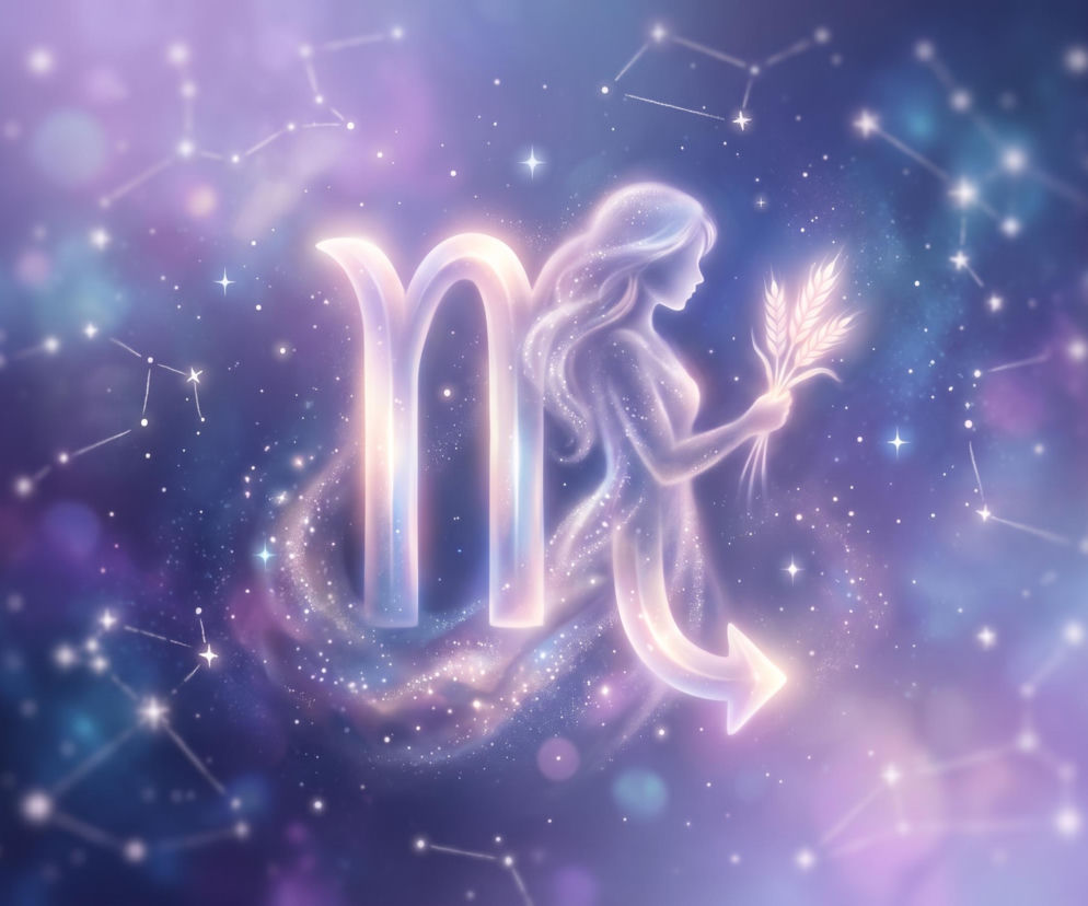 Symbol znaku zodiaku Panna na tle rozgwieżdżonego nieba. O horoskopie dla Panny przeczytasz na Eska.