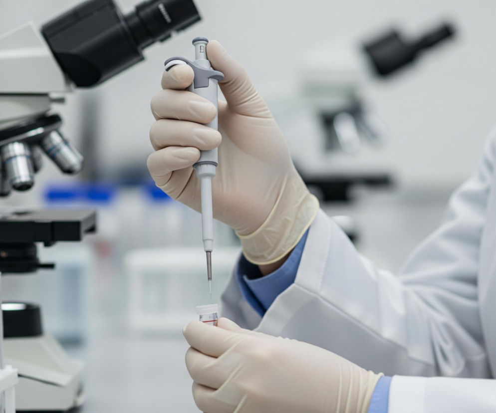 Osoba w białym kitlu laboratoryjnym i niebieskiej koszuli, ubrana w beżowe rękawiczki ochronne, trzyma w prawej ręce pipetę automatyczną, a w lewej małą probówkę z białą zakrętką. Końcówka pipety jest zanurzona w cieczy znajdującej się w probówce. Po lewej stronie tła widoczny jest mikroskop z czarnymi i srebrnymi elementami, a przed nim stojak z kilkoma pustymi, przezroczystymi probówkami. Tło jest jasne i rozmyte, ukazując inne elementy laboratoryjne.