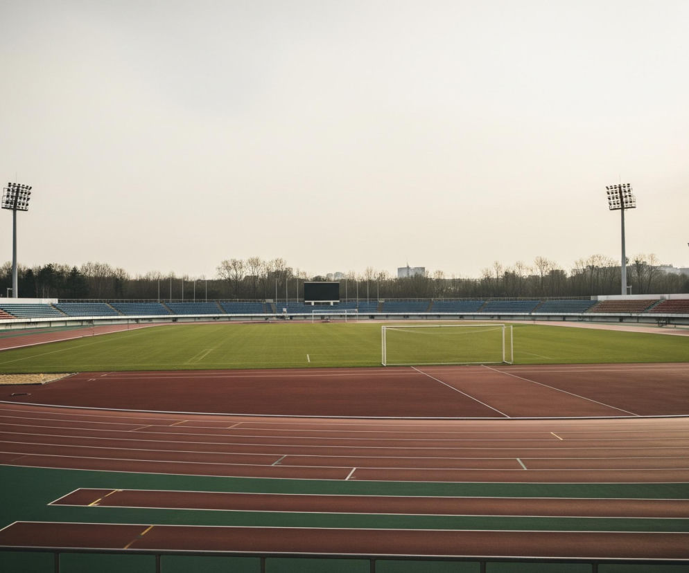 Stadion sportowy oświetlają dwie wysokie wieże z reflektorami, widoczne po lewej i prawej stronie. Na pierwszym planie rozciąga się brązowa bieżnia z białymi liniami, częściowo zacieniona, z widocznymi zielonymi pasami. W centrum, na zielonej murawie, stoi biała bramka piłkarska. Trybuny w kolorze niebieskim i czerwonym otaczają bieżnię, a za nimi widać pasmo drzew oraz budynki w oddali pod jasnym, zachmurzonym niebem.
