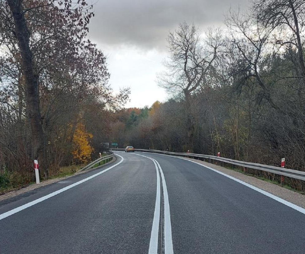 Asfaltowa droga krajowa prowadząca przez las. O planowanych remontach w regionie przeczytasz na Eska Kielce.