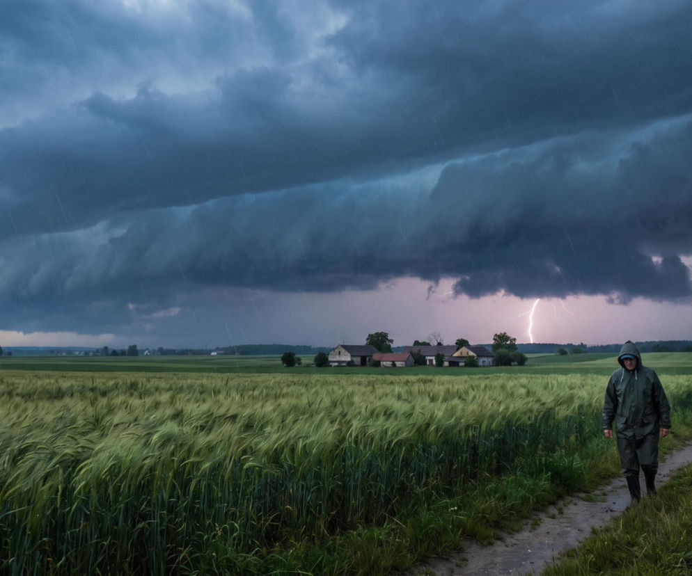 Mężczyzna w płaszczu przeciwdeszczowym idzie polną drogą podczas burzy. O gwałtownej pogodzie przeczytasz w Eska.