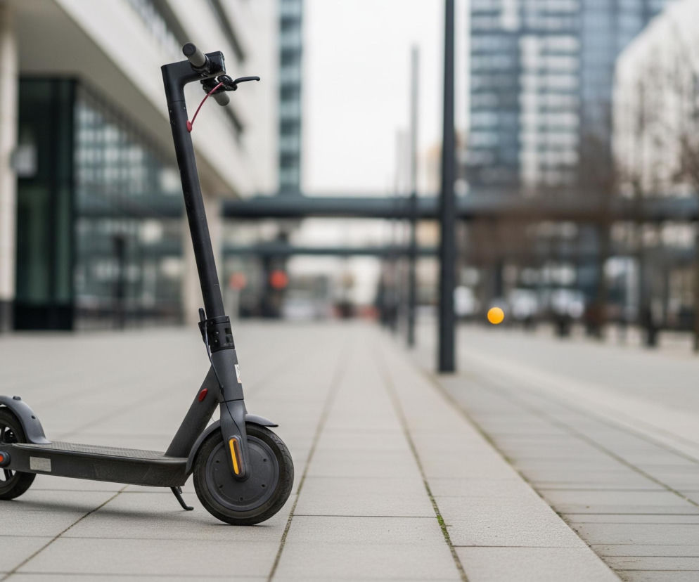 Czarna hulajnoga elektryczna stoi zaparkowana na chodniku, skierowana w lewo. Posiada szare błotniki, pomarańczowe odblaski na przednim i tylnym kole oraz czerwoną linkę hamulcową biegnącą wzdłuż kierownicy. Tło stanowią nowoczesne budynki z dużymi oknami i jasnymi fasadami, rozmyte w oddali, co nadaje zdjęciu głębi. Chodnik zbudowany jest z jasnoszarych, prostokątnych płyt.