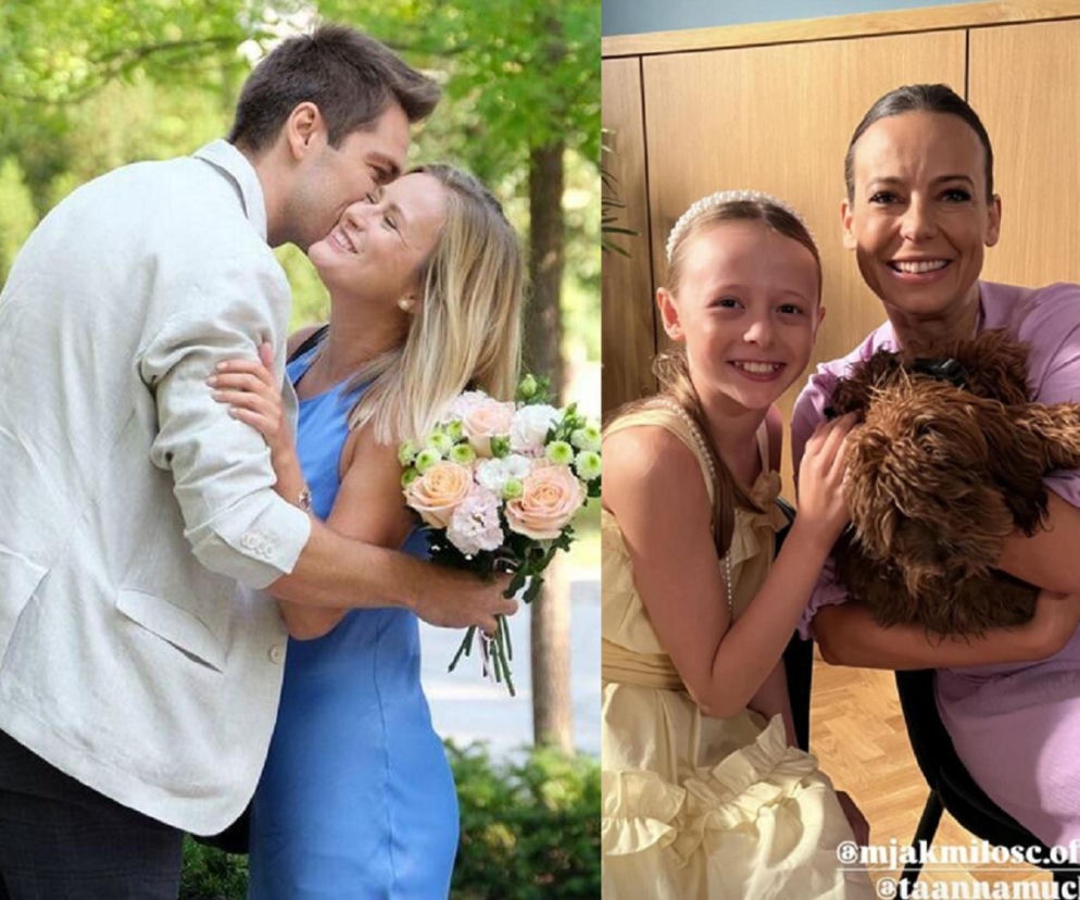 Para młoda, Julia (Marta Chodorowska) i Dima (Michaił Pszeniczny), w objęciach z bukietem kwiatów oraz Magda (Anna Mucha) z Nadią (Mira Fareniuk) i psem, uśmiechnięte do zdjęcia. Wszystkie postacie pochodzą z serialu M jak miłość. Więcej o losach bohaterów przeczytasz na portalu Super Seriale.