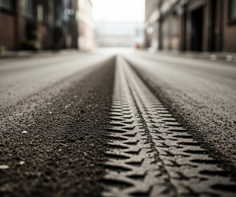 Głównym elementem obrazu jest szorstka, ciemnoszara nawierzchnia drogi, na której widoczne są wyraźne ślady bieżnika opony, ciągnące się wzdłuż centrum kadru. Bieżnik tworzy powtarzający się wzór przypominający litery V lub trójkąty, z drobnymi kamyczkami lub grudkami piasku rozsianymi po całej powierzchni asfaltu. Droga zanika w oddali, stając się rozmyta i jaśniejsza, otoczona po obu stronach niewyraźnymi sylwetkami budynków o ceglanych fasadach.