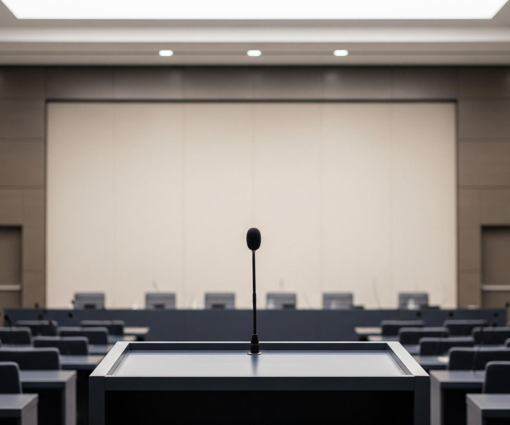 Centralnie w kadrze, na pierwszym planie, stoi mównica z mikrofonem o czarnej, gąbczastej osłonie. Przed mównicą rozciąga się rzędami pusta widownia, składająca się z ciemnoszarych biurek z krzesłami, na których również widać mikrofony. W tle, za mównicą, znajduje się podłużny stół prezydialny z kilkoma monitorami, a za nim duża, jasna ściana. Po obu stronach stołu prezydialnego widoczne są ciemne drzwi, z zielonymi piktogramami wyjścia awaryjnego nad nimi. Całe pomieszczenie jest oświetlone z sufitu, na którym widać kwadratowe i owalne podświetlenia.