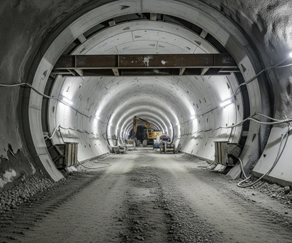 Długi, cylindryczny tunel z betonu, oświetlony rzędami jaskrawych, białych lamp umieszczonych na ścianach, biegnie w głąb obrazu. Na jego dnie znajduje się ścieżka z szarego, spulchnionego piasku lub żwiru, a po obu stronach widać stosy kamieni i gruzu. W oddali, w centralnej części tunelu, widoczne są ciężkie maszyny budowlane, w tym duża, żółta koparka oraz mniejsze, białe pojazdy. Ściany tunelu, zwłaszcza w dalszej części, są zbudowane z segmentowych, jasno-szarych płyt betonowych, wzmocnionych ciemnymi, metalowymi belkami stropowymi i poprzecznymi elementami konstrukcyjnymi. W górnej części obrazu, na pierwszym planie po obu stronach, widoczne są luźno zwisające kable i przewody, przymocowane do surowych, ciemnoszarych powierzchni.