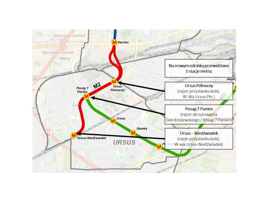 Mapa planowanego metra do Ursusa