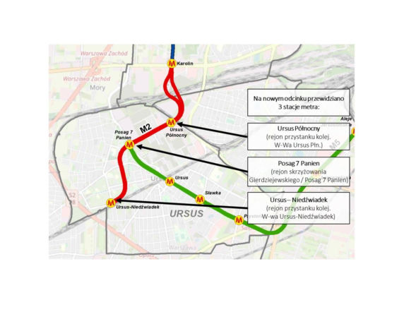 Mapa planowanego metra do Ursusa