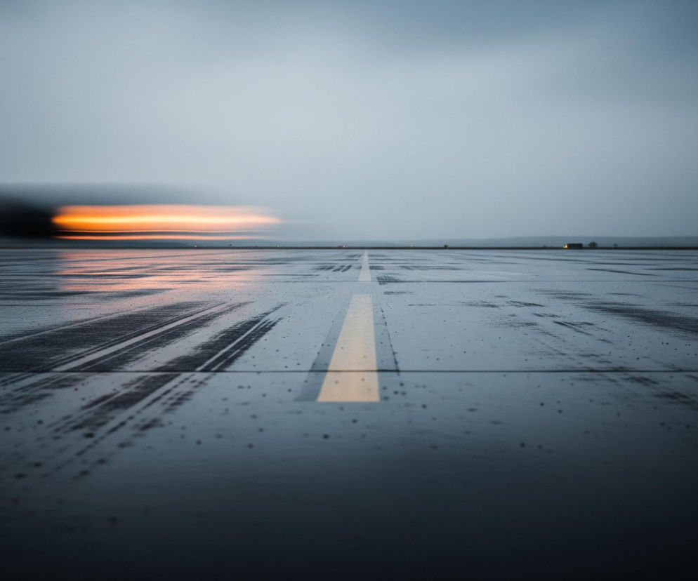 Głównym obiektem jest mokry pas startowy lub droga, pokryta licznymi kroplami wody i odblaskami światła. Przez środek biegnie wyraźna, biała linia, która w oddali rozmywa się w nieostrość. Po lewej stronie horyzontu rozciąga się smuga światła w odcieniach pomarańczu i bieli, przechodząca w ciemniejszy, rozmyty obszar. Tło stanowi szare, jednolite niebo, a na horyzoncie widać subtelne, niewyraźne światła.