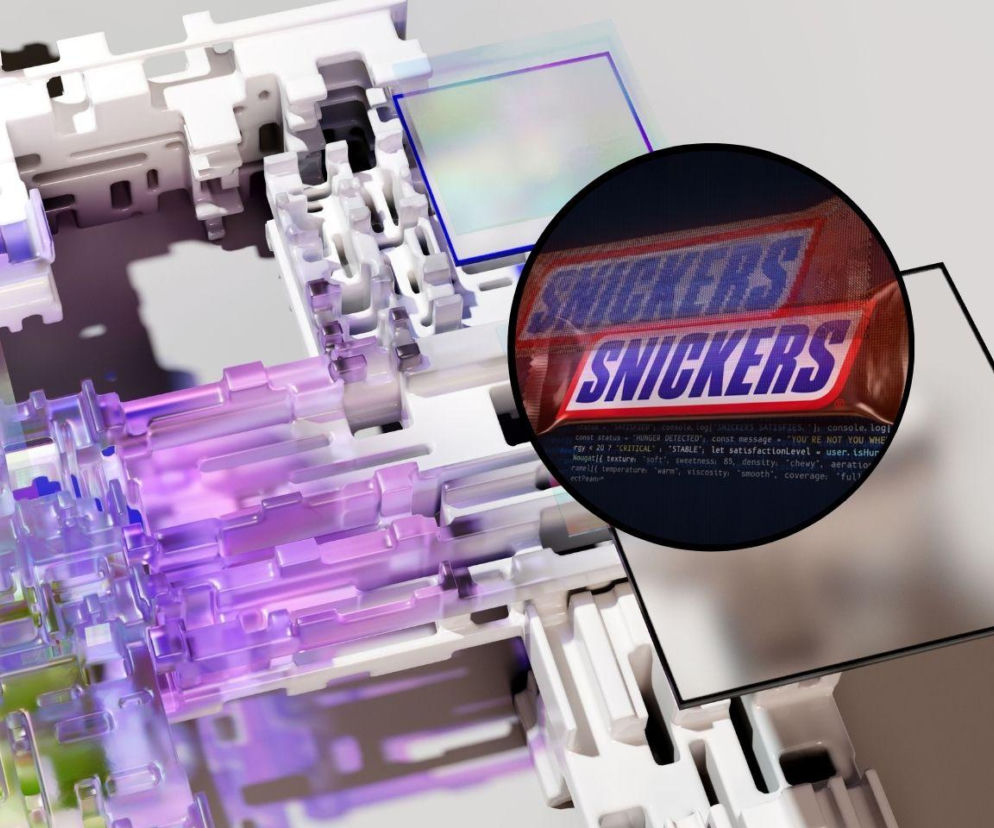 Cyfrowa konstrukcja z kodem. Obok w okręgu baton Snickers. O wirtualnym batoniku Hungr.AI przeczytasz na Eska.