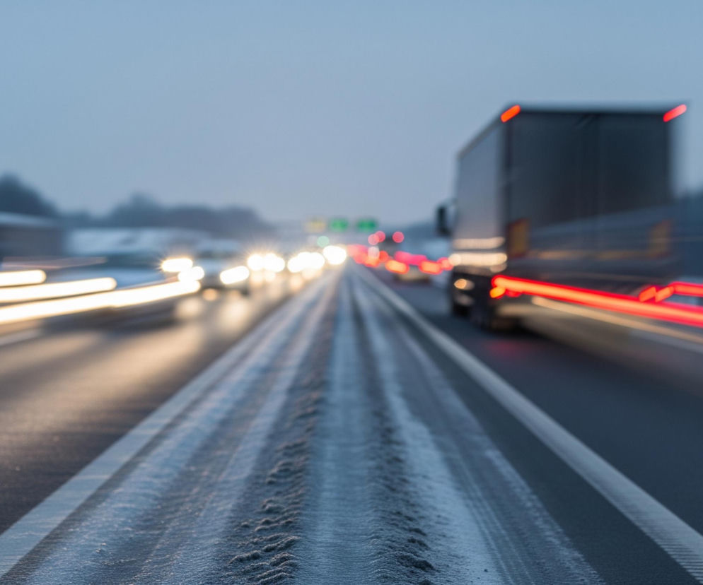 Droga ekspresowa z lekko ośnieżonym centralnym pasem, biegnąca w kierunku horyzontu. Po lewej stronie widać smugę jasnych, białych świateł pojazdów jadących w kierunku widza, a po prawej intensywnie czerwone smugi świateł tylnych ciężarówki oddalającej się od widza. Horyzont wypełnia rozmyty, szaro-niebieski krajobraz z ciemnymi sylwetkami drzew po obu stronach.
