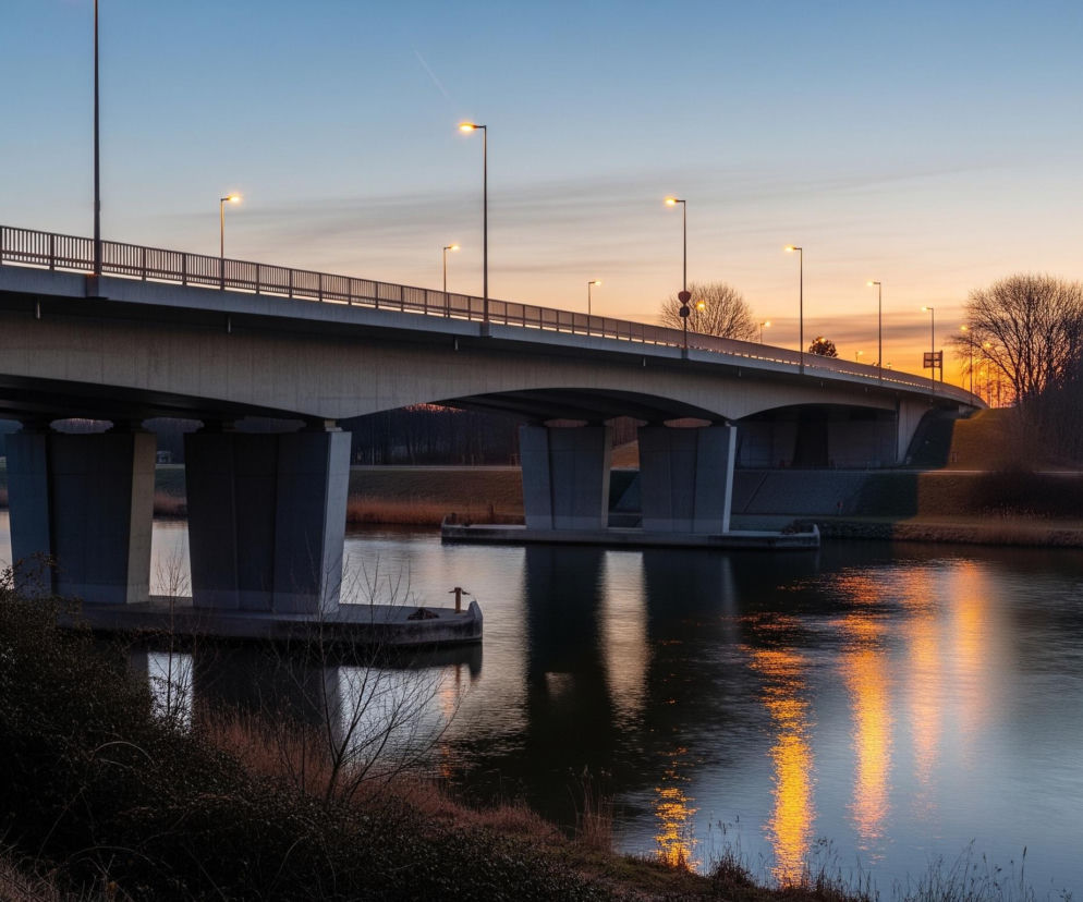 Betonowy most rozciąga się nad rzeką, wsparty na solidnych, prostokątnych filarach. Na moście znajduje się metalowa balustrada i szereg zapalonych latarni ulicznych, których pomarańczowe światło odbija się w spokojnej tafli wody. Niebo na horyzoncie mieni się odcieniami pomarańczu i różu, przechodzącymi w błękit w górnej części kadru, tworząc krajobraz oświetlony blaskiem zachodzącego lub wschodzącego słońca. Brzegi rzeki porośnięte są suchymi krzewami i bezlistnymi drzewami, rzucającymi ciemne cienie.