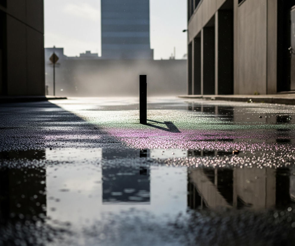 Czarny, pionowy słupek w centrum obrazu stoi na mokrej, ciemnej nawierzchni drogi. Na powierzchni drogi, szczególnie w górnej części kadru, odbija się fioletowo-zielony blask, a liczne kropelki wody mienią się na całej jej szerokości. Po lewej i prawej stronie drogi widoczne są fragmenty ciemnych, betonowych budynków, a w oddali, pod jasnym niebem, majaczą niewyraźne zarysy innych wieżowców. Odbicia budynków i słupka rozciągają się w kałużach na mokrej nawierzchni, dodając głębi scenie.