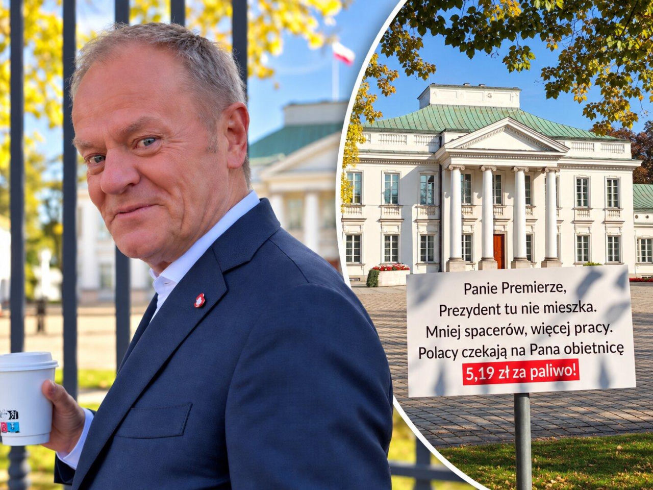 Tablica czeka na Tuska pod Belwederem za "rumakowanie". „Polacy czekają na 5,19 zł z…