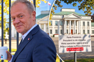 Tablica czeka na Tuska pod Belwederem za rumakowanie. „Polacy czekają na 5,19 zł za paliwo”