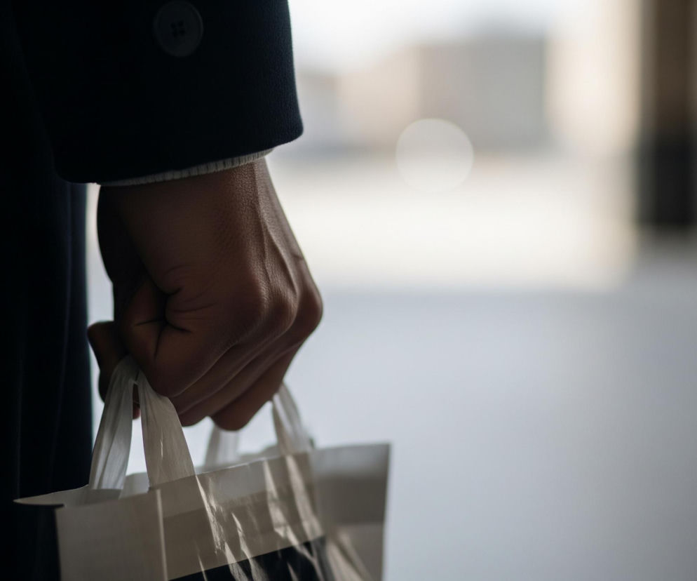 Prawa dłoń osoby, prawdopodobnie dorosłej, trzyma białą torbę zakupową. Dłoń jest lekko zaciśnięta, z widocznymi żyłami i delikatnymi zmarszczkami na skórze, jej barwa to średni odcień brązu. Rękaw ciemnego płaszcza lub marynarki z szarym mankietem swetra wystaje po lewej stronie obrazu. W tle widoczne jest rozmyte, jasne pomieszczenie z niewyraźnymi elementami architektonicznymi w odcieniach szarości i beżu.